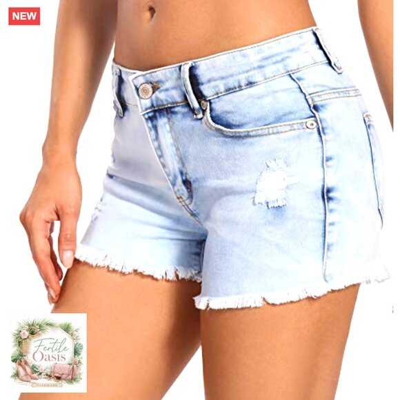 Denim Shorts Low Waisted Frayed Raw Hem Ripped Casual Summer - Picture 2 of 7